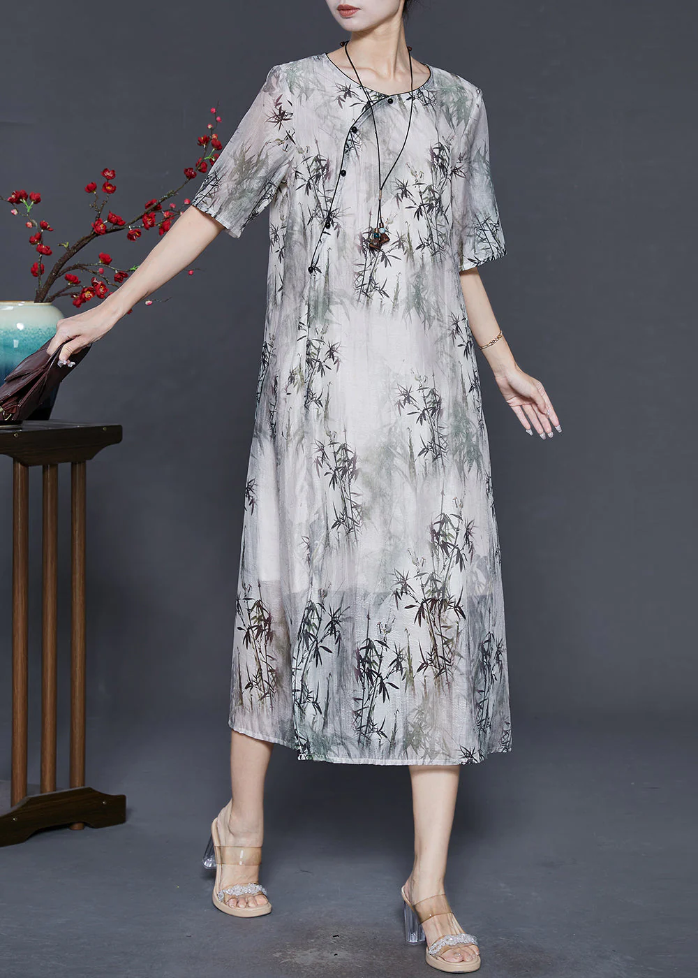 Art White Bamboo Leaf Print Silk Oriental Dress Summer - Image 3
