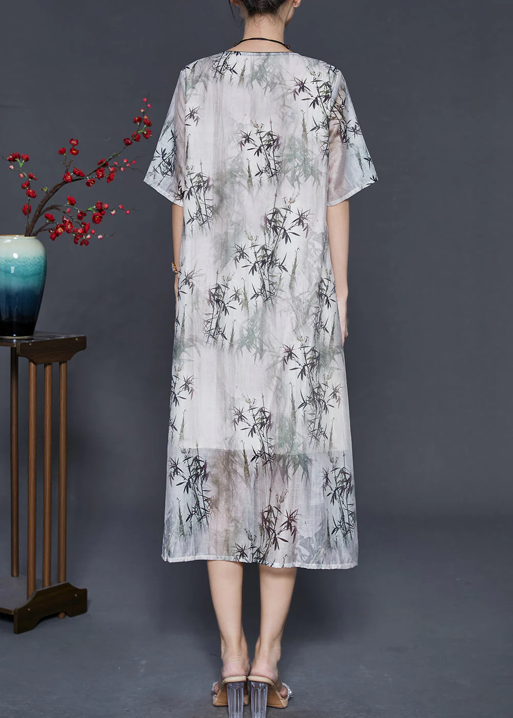 Art White Bamboo Leaf Print Silk Oriental Dress Summer - Image 4
