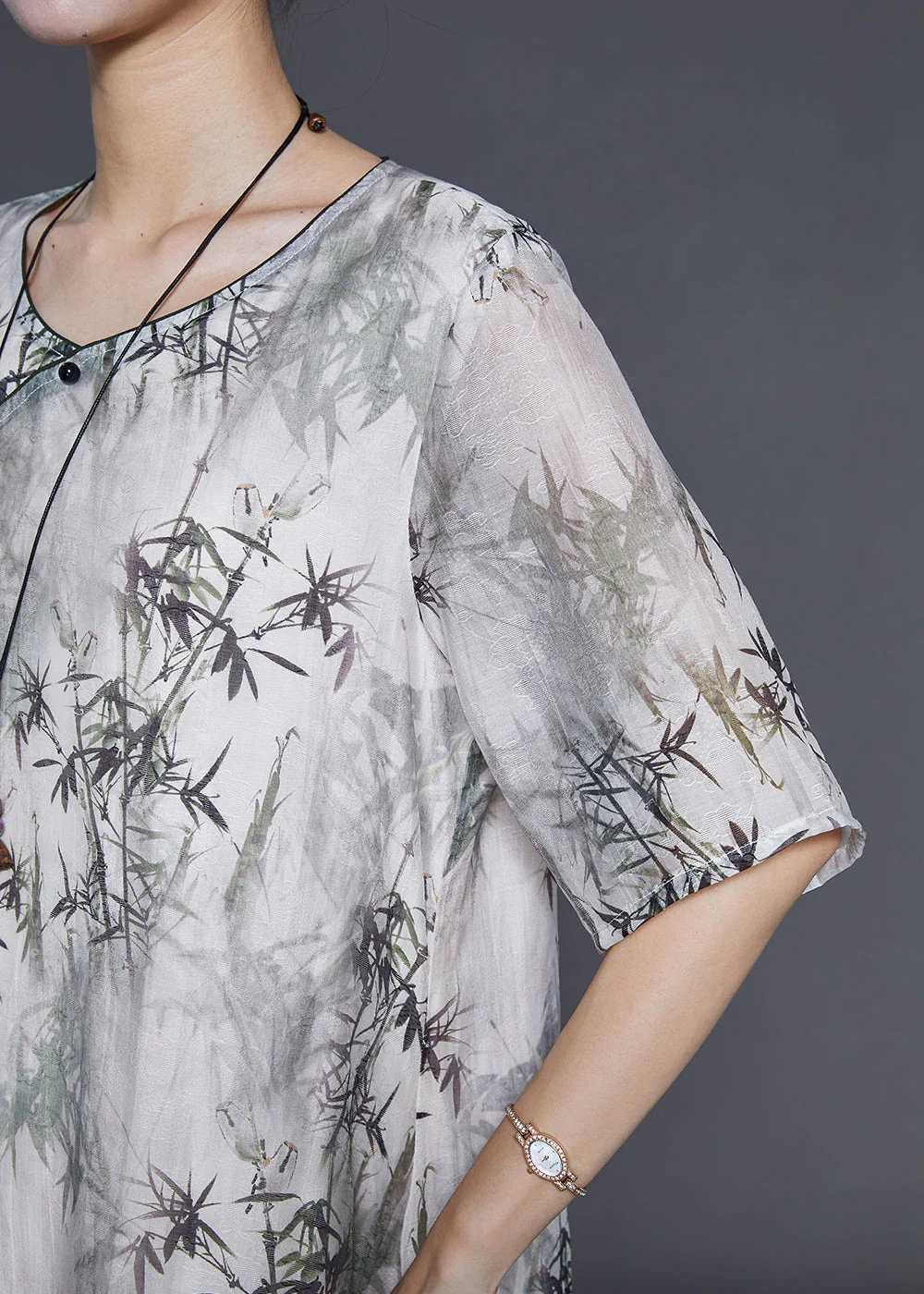 Art White Bamboo Leaf Print Silk Oriental Dress Summer - Image 5