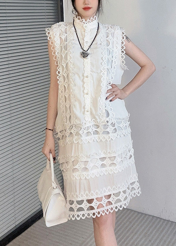 Art White Button Hollow Out Lace Dress Sleeveless - Image 3