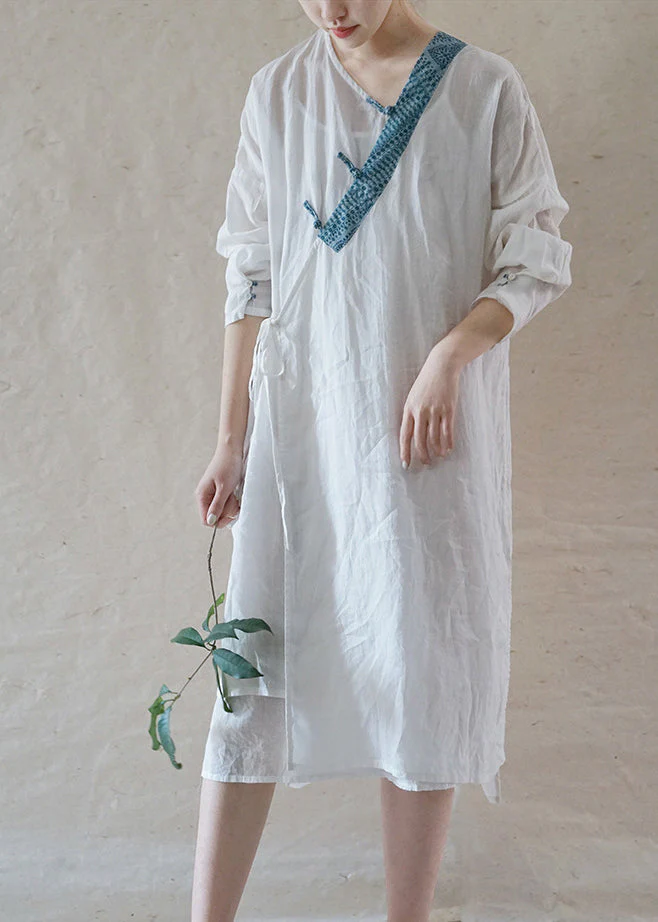 Art White Button tie waist Asymmetrical Linen Long Dress Spring - Image 3
