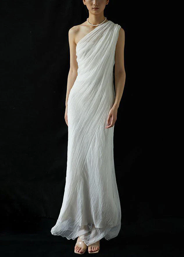 Art White Cold Shoulder Wrinkled Solid Silk Maxi Dress Summer - Image 2