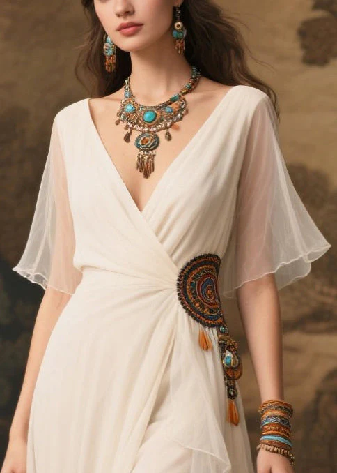 Art White Ethnic Style Tasseled Side Open Tulle Ankle Dress Summer - Image 2