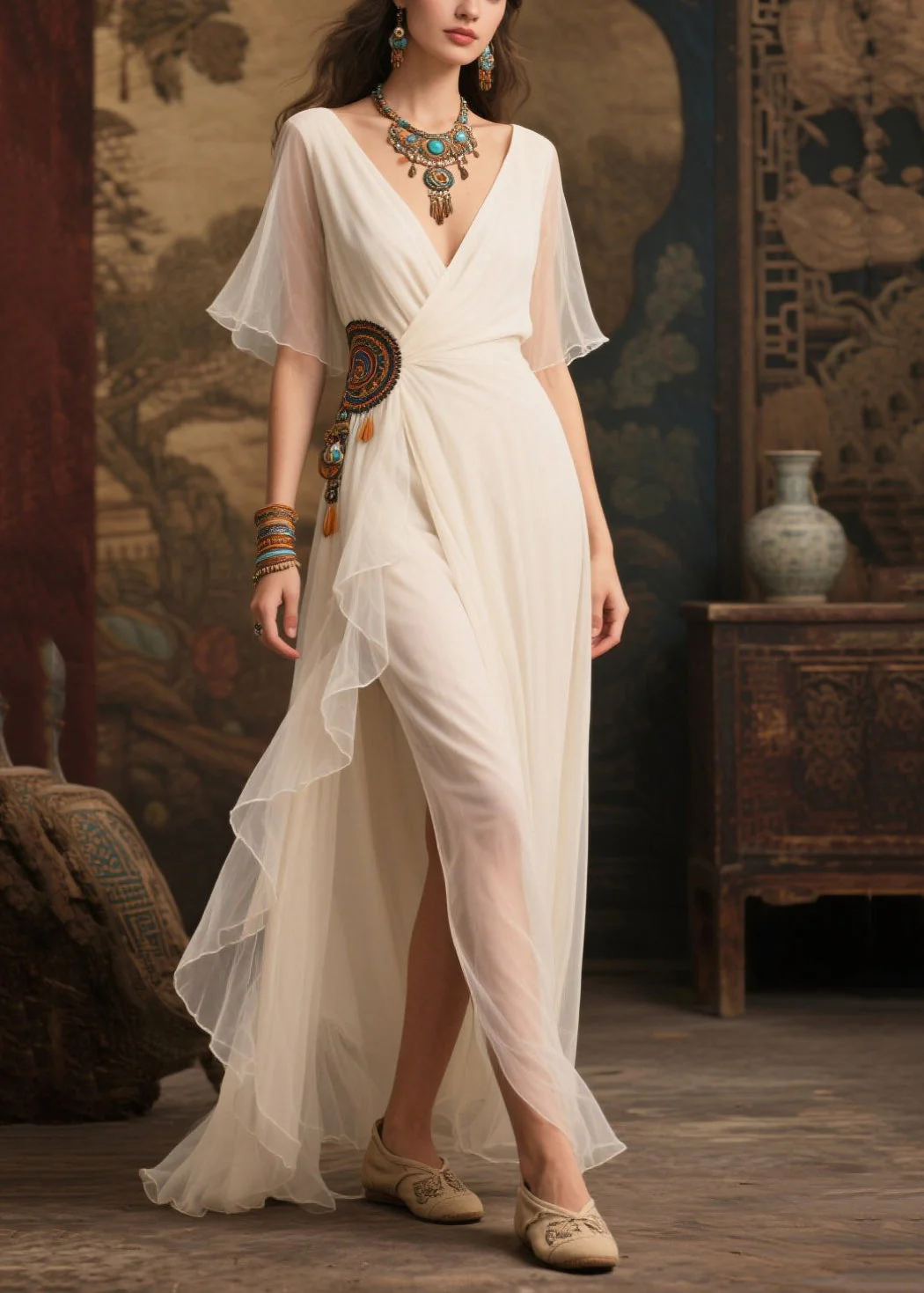 Art White Ethnic Style Tasseled Side Open Tulle Ankle Dress Summer - Image 3