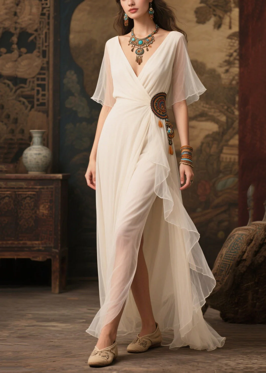 Art White Ethnic Style Tasseled Side Open Tulle Ankle Dress Summer - Image 5