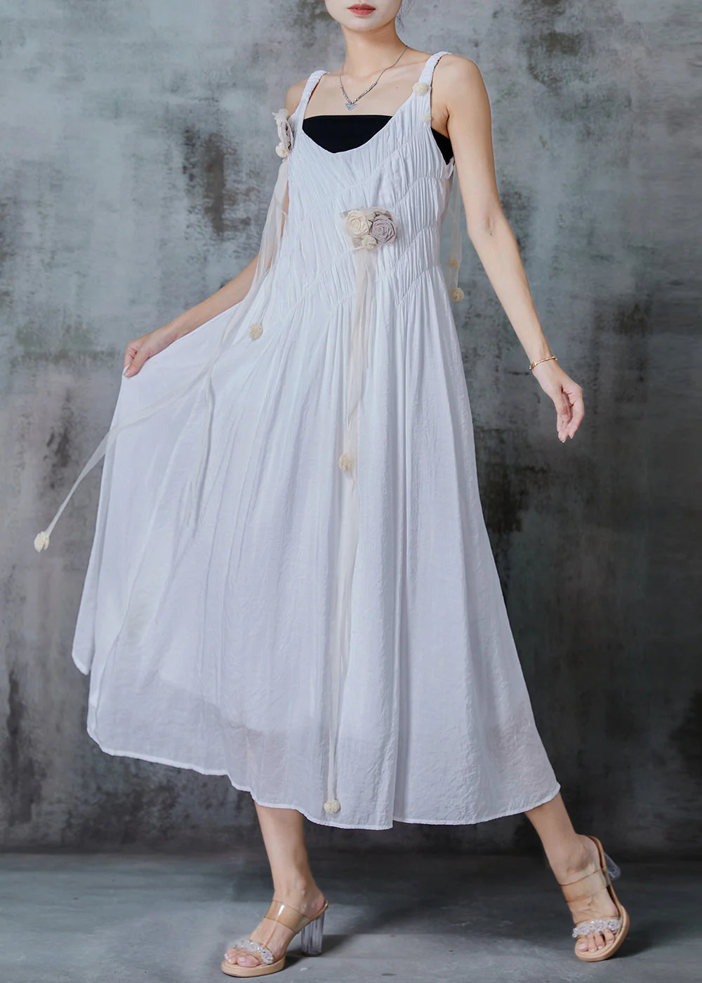 Art White Floral Wrinkled Cotton Holiday Dresses Summer - Image 2