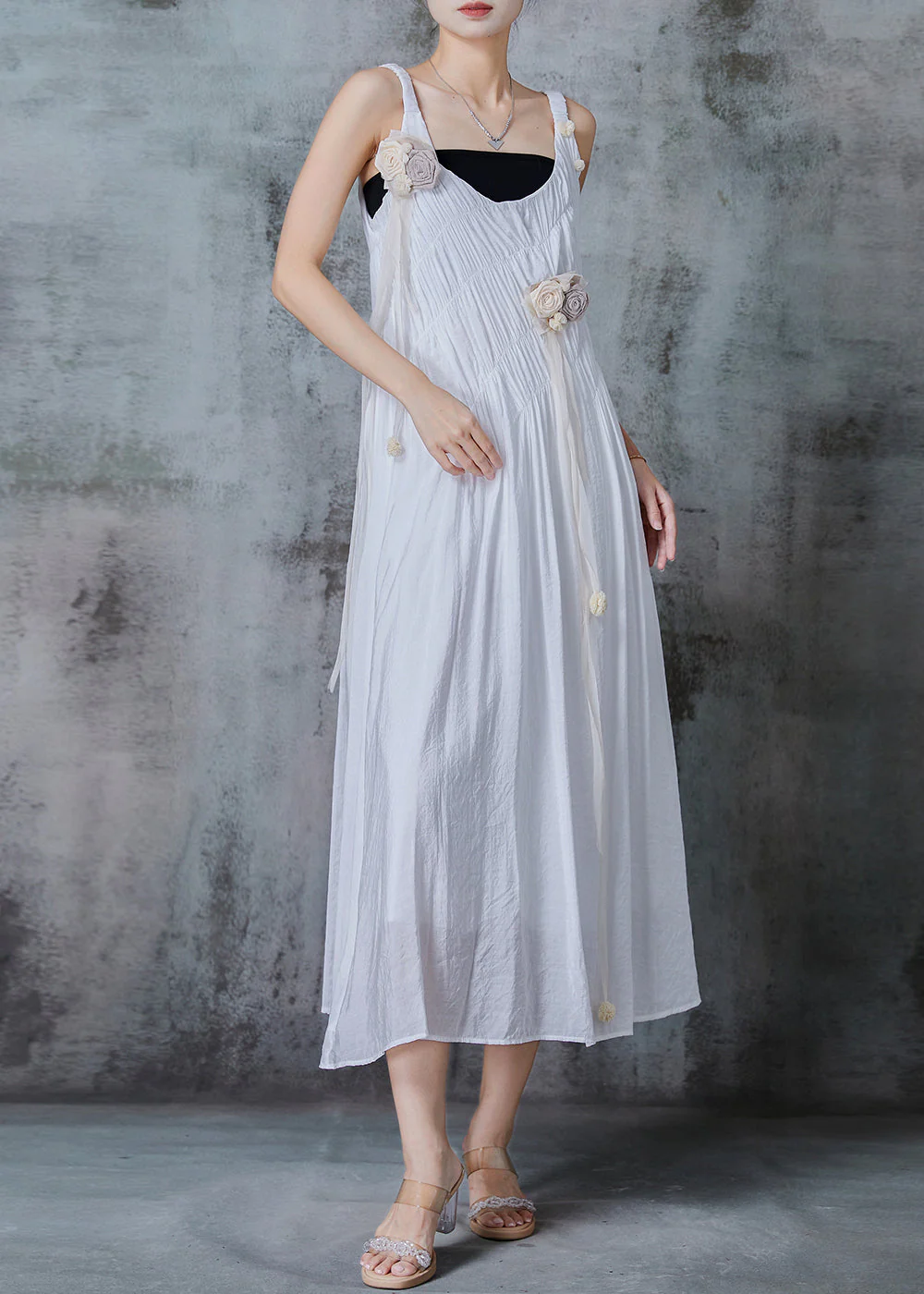 Art White Floral Wrinkled Cotton Holiday Dresses Summer - Image 3