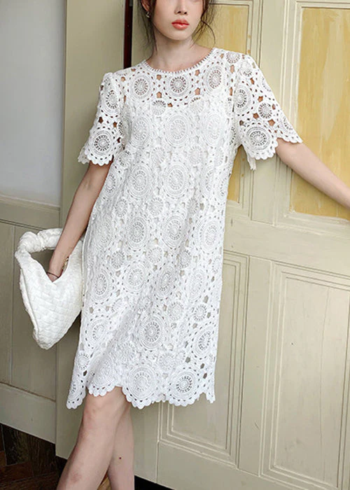 Art White O-Neck Hollow Out Cotton Dresses Summer - Image 2