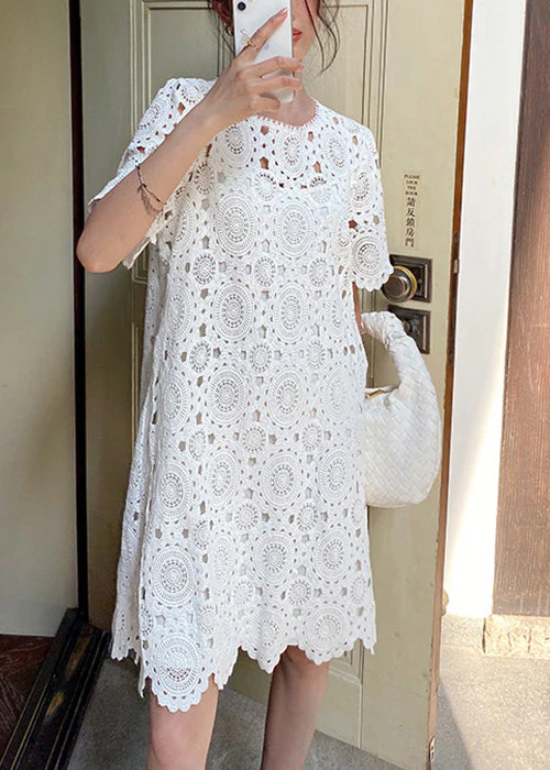 Art White O-Neck Hollow Out Cotton Dresses Summer - Image 3