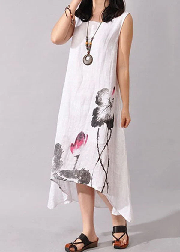 Art White O-Neck Print Low High Design Cotton Dress Summer - Image 2