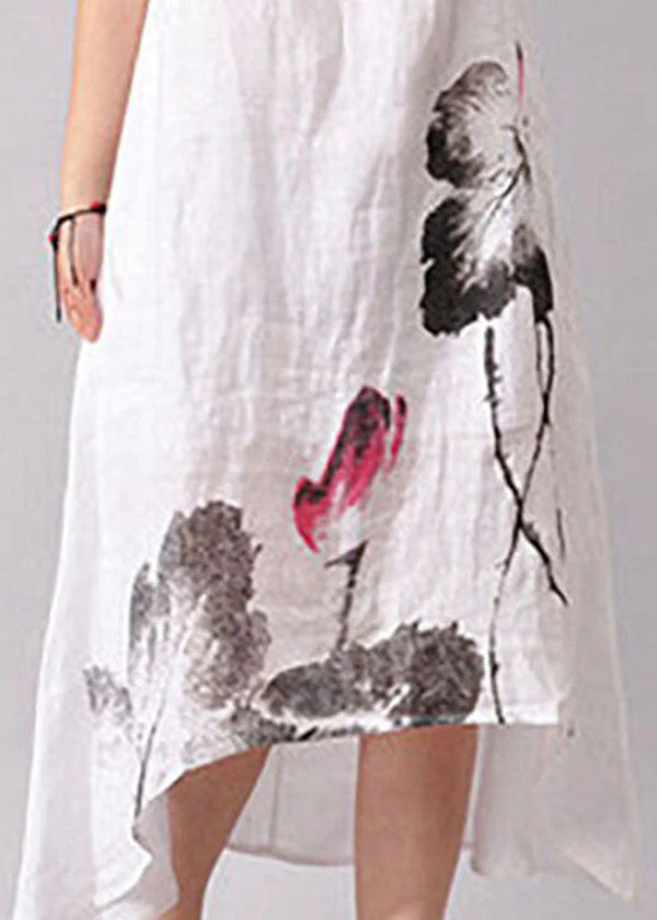 Art White O-Neck Print Low High Design Cotton Dress Summer - Image 4