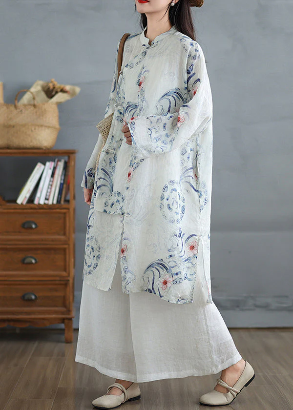 Art White Oversized Print Linen Oriental Dress Fall - Image 4