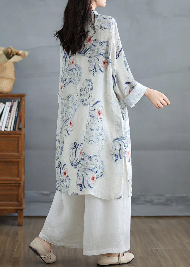 Art White Oversized Print Linen Oriental Dress Fall - Image 5