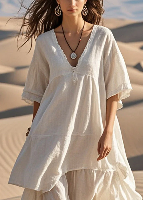 Art White Patchwork Cotton Holiday Dress Asymmetrical Summer - Image 2