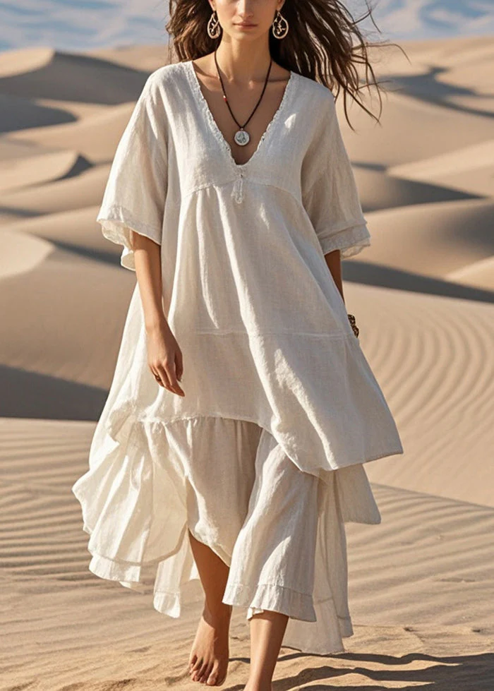 Art White Patchwork Cotton Holiday Dress Asymmetrical Summer - Image 3