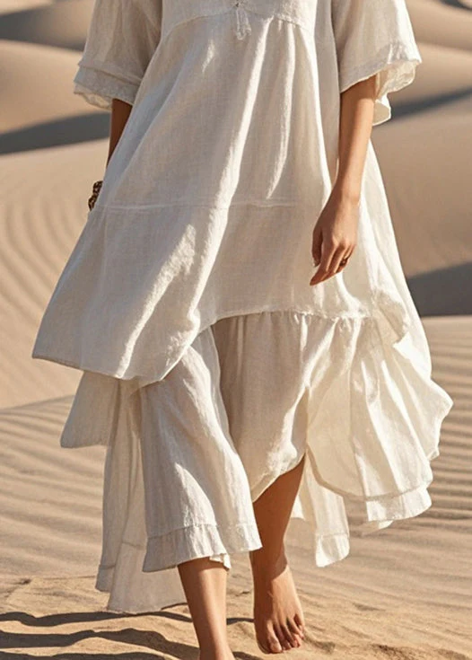 Art White Patchwork Cotton Holiday Dress Asymmetrical Summer - Image 4