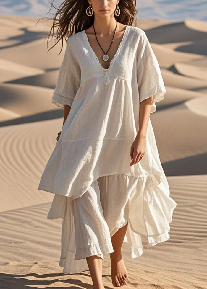 Art White Patchwork Cotton Holiday Dress Asymmetrical Summer - Image 5