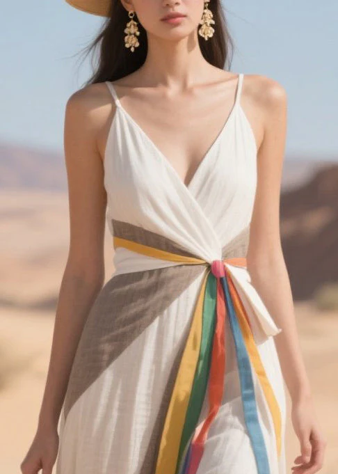 Art White Patchwork Side Open Cotton Sundress Summer - Image 2