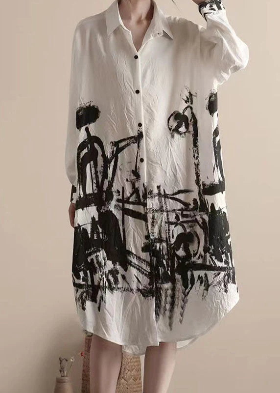 Art White Peter Pan Collar Patchwork Linen Shirts Dress Spring - Image 5