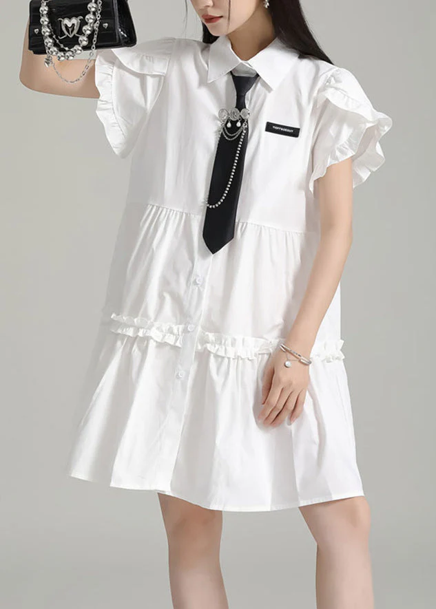 Art White Peter Pan Collar Ruffled Patchwork Cotton Shirts Dress Summer - Image 2