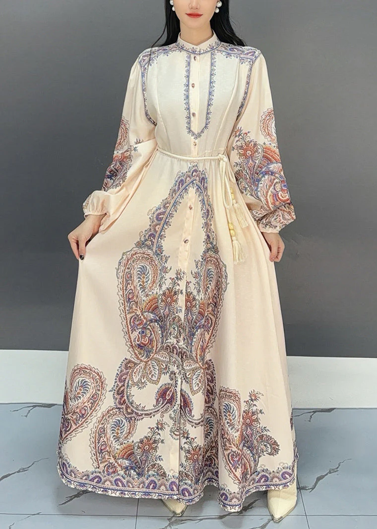 Art White Print Tie Waist Cotton Shirts Long Dress Fall - Image 2
