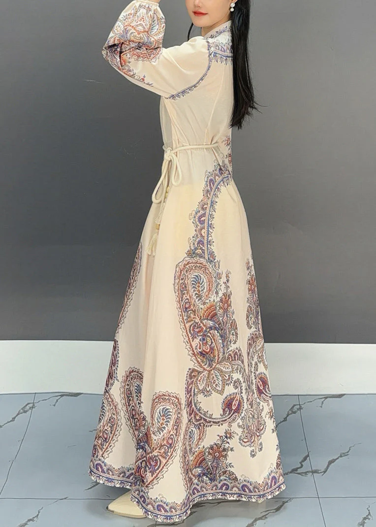 Art White Print Tie Waist Cotton Shirts Long Dress Fall - Image 3