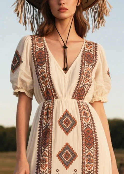 Art White Puff Sleeve Print Chiffon Long Dresses - Image 2