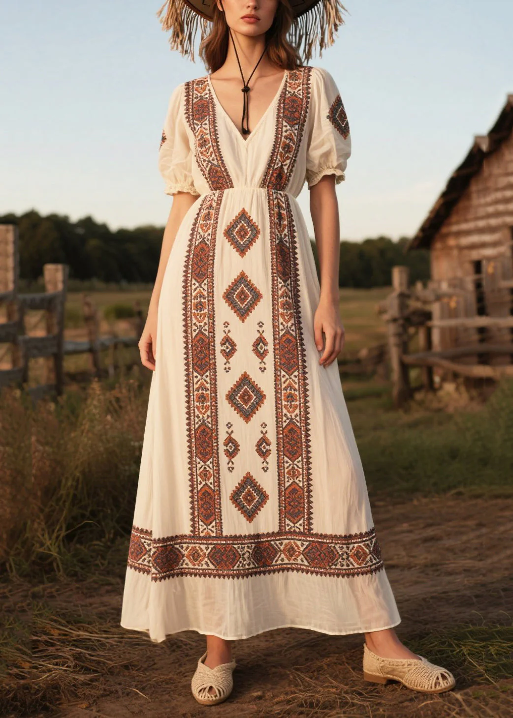 Art White Puff Sleeve Print Chiffon Long Dresses - Image 3
