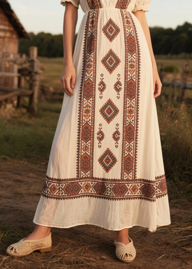 Art White Puff Sleeve Print Chiffon Long Dresses - Image 4