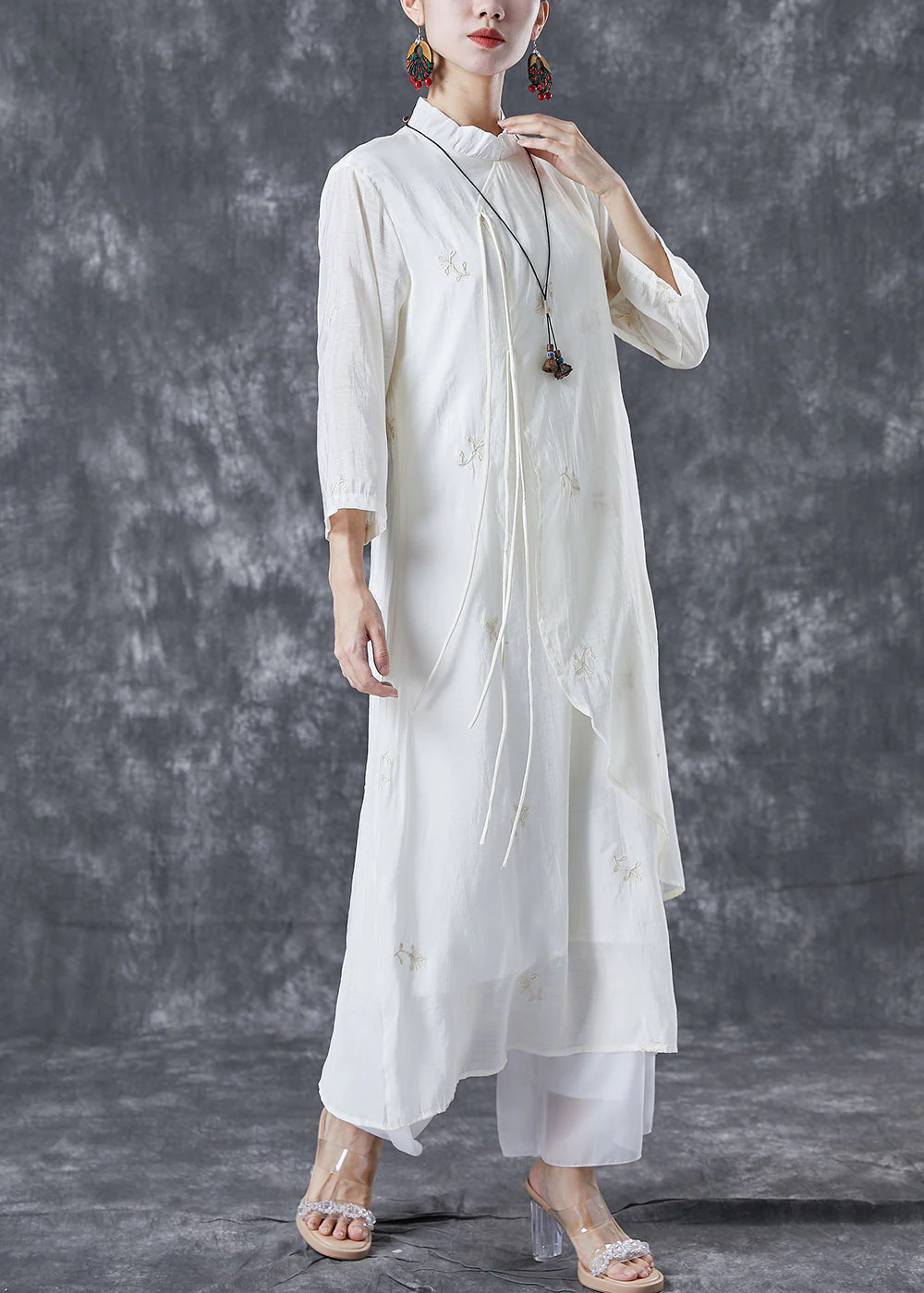 Art White Ruffled Embroideried Tassel Cotton Long Dress Summer - Image 2