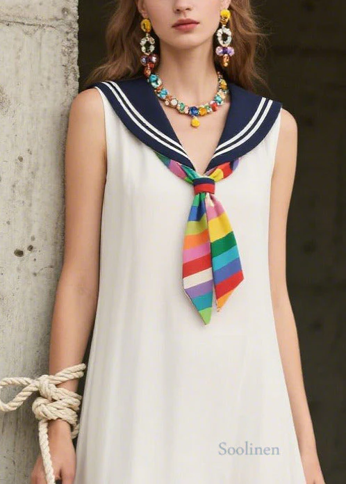 Art White Sailor Collar Patchwork Chiffon Dresses Sleeveless - Image 2