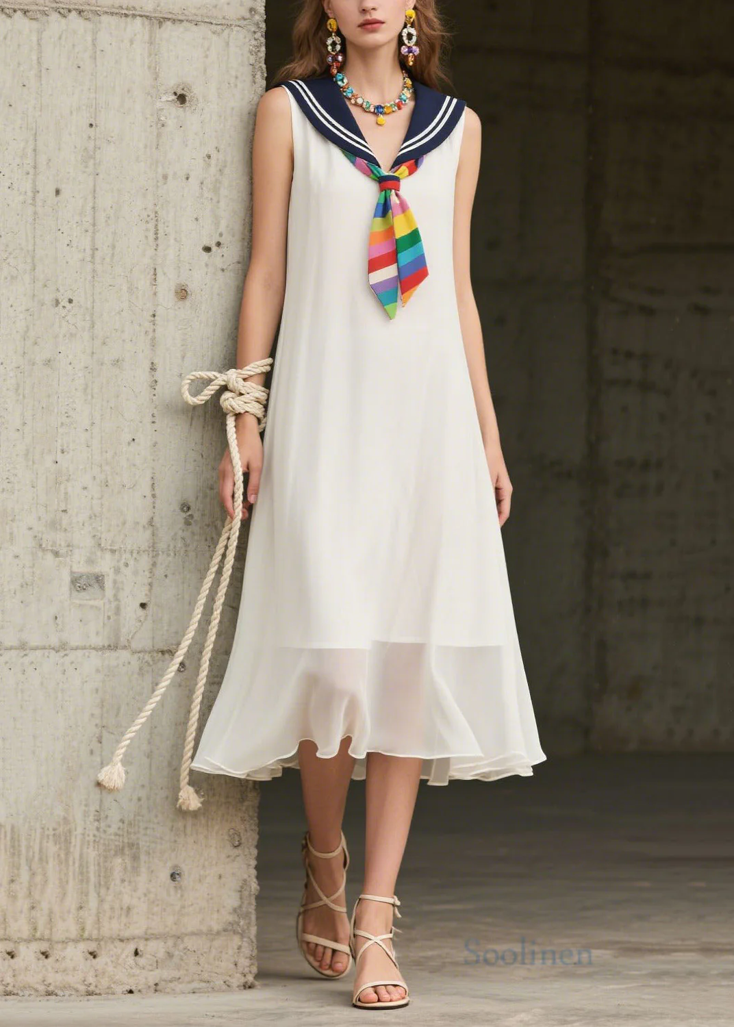 Art White Sailor Collar Patchwork Chiffon Dresses Sleeveless - Image 5