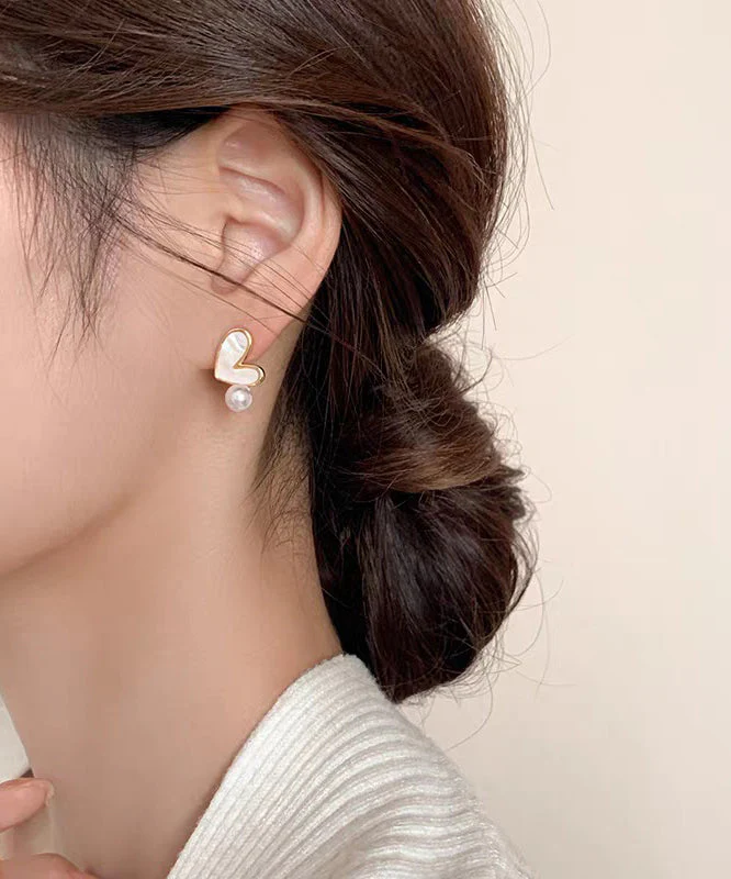 Art White Sterling Silver Overgild Zircon Pearl Love Stud Earrings - Image 4