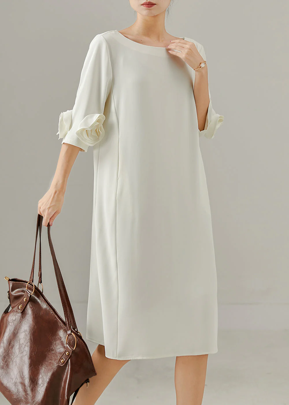 Art White Three-dimensional Floral Chiffon Holiday Dress Summer - Image 3
