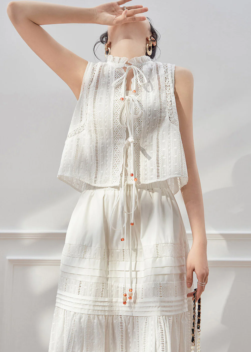 Art White Tie Lace Ruffled Lace Shirt And Maxi Skirts Two Piece Set Sleeveless - Image 3