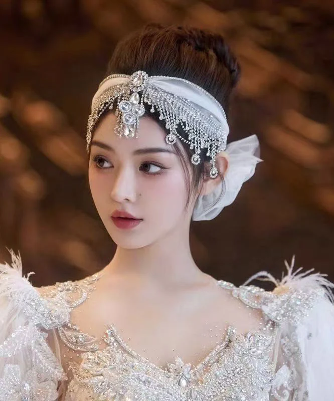 Art White Tulle Patchwor Crystal Zircon Tassel HairPiece - Image 3