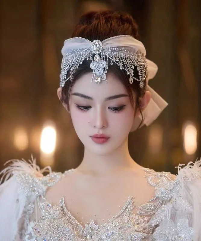 Art White Tulle Patchwor Crystal Zircon Tassel HairPiece - Image 4