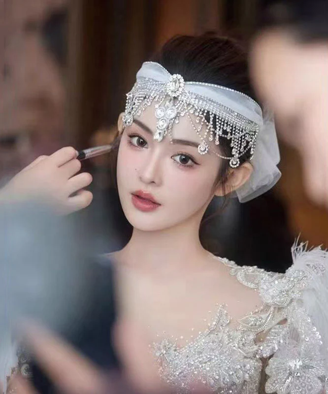 Art White Tulle Patchwor Crystal Zircon Tassel HairPiece - Image 5