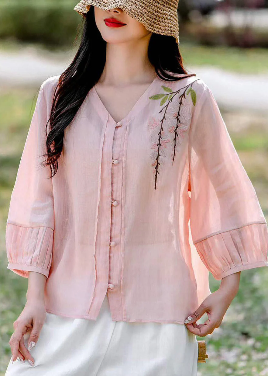 Art White V Neck Embroidered Linen Shirt Fall - Image 5