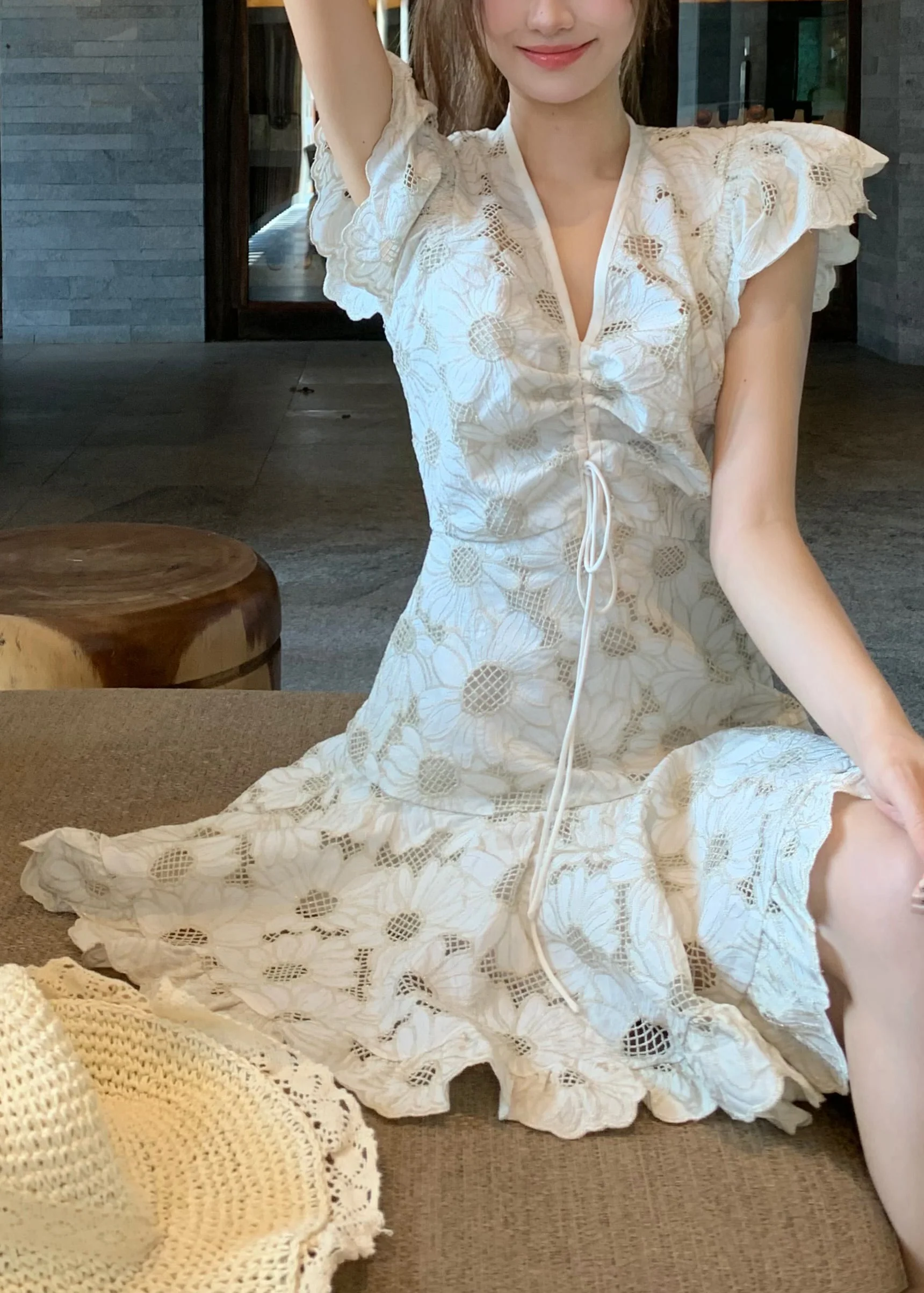 Art White V Neck Lace Up Hollow Out Cotton Mini Dresses Summer - Image 2