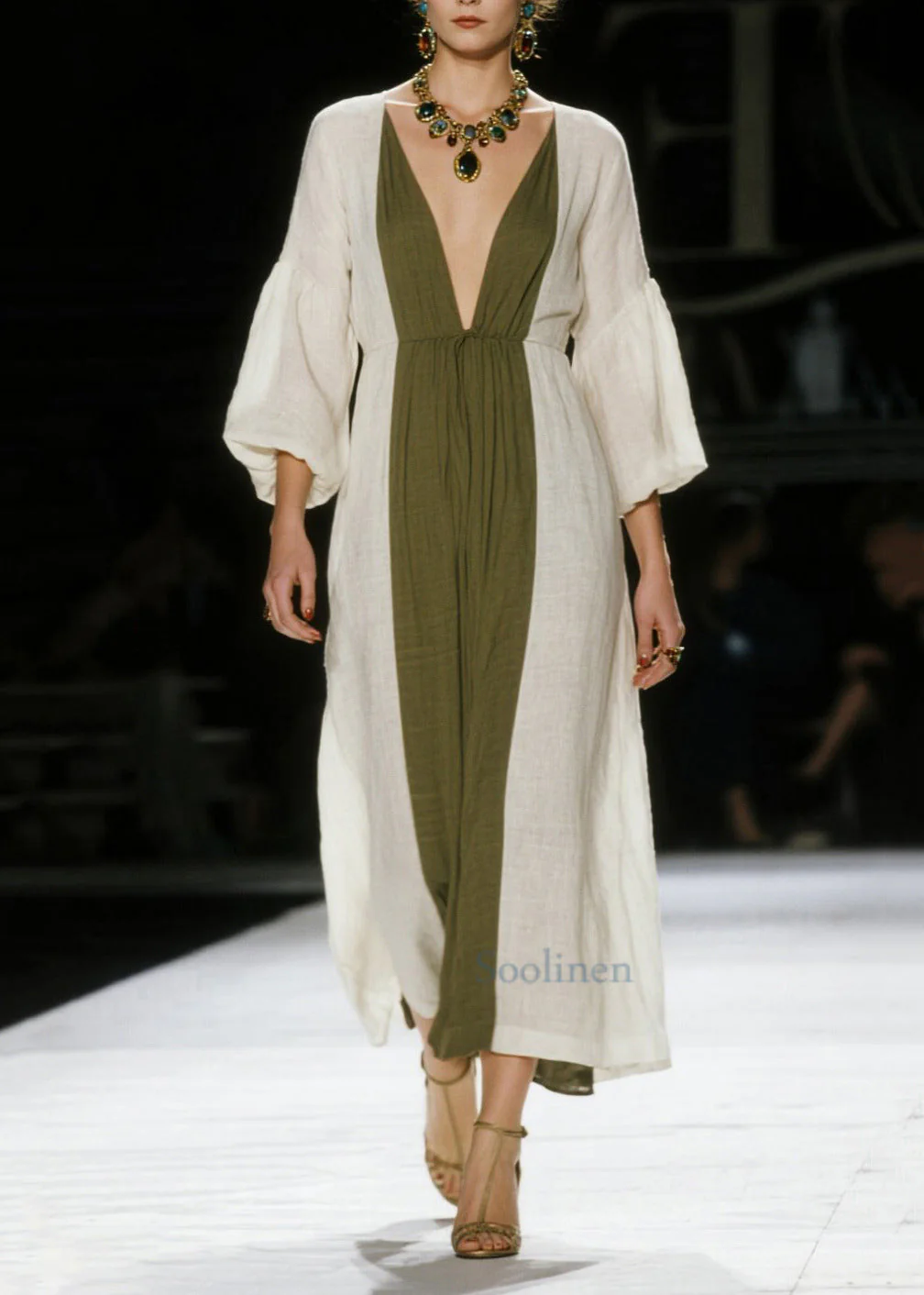 Art White V Neck Patchwork Cotton Ankle Dress Lantern Sleeve - Image 3