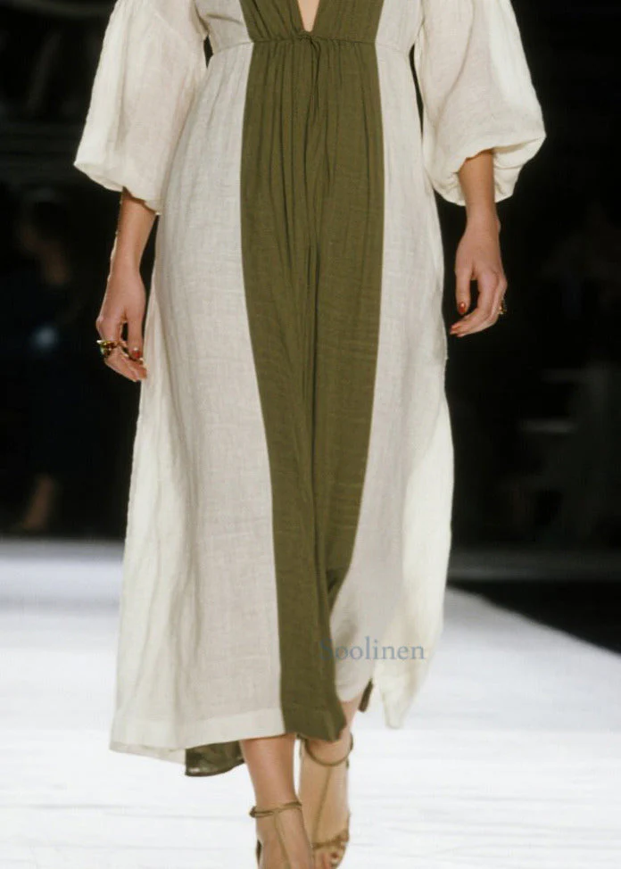 Art White V Neck Patchwork Cotton Ankle Dress Lantern Sleeve - Image 4