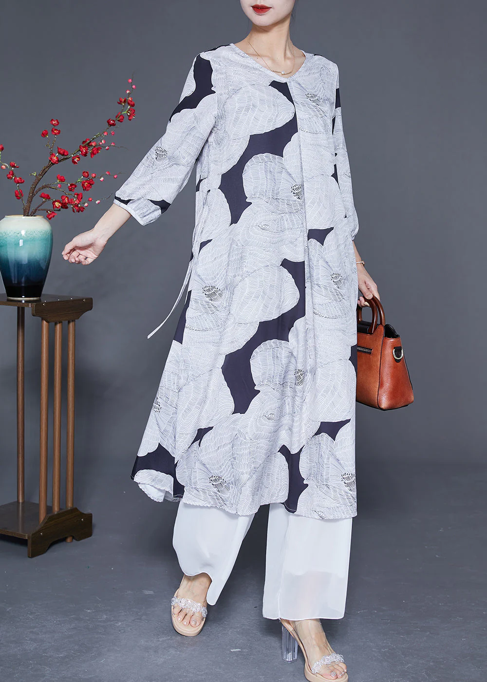 Art White V Neck Patchwork Tie Waist Silk Dress Bracelet Sleeve - Image 2