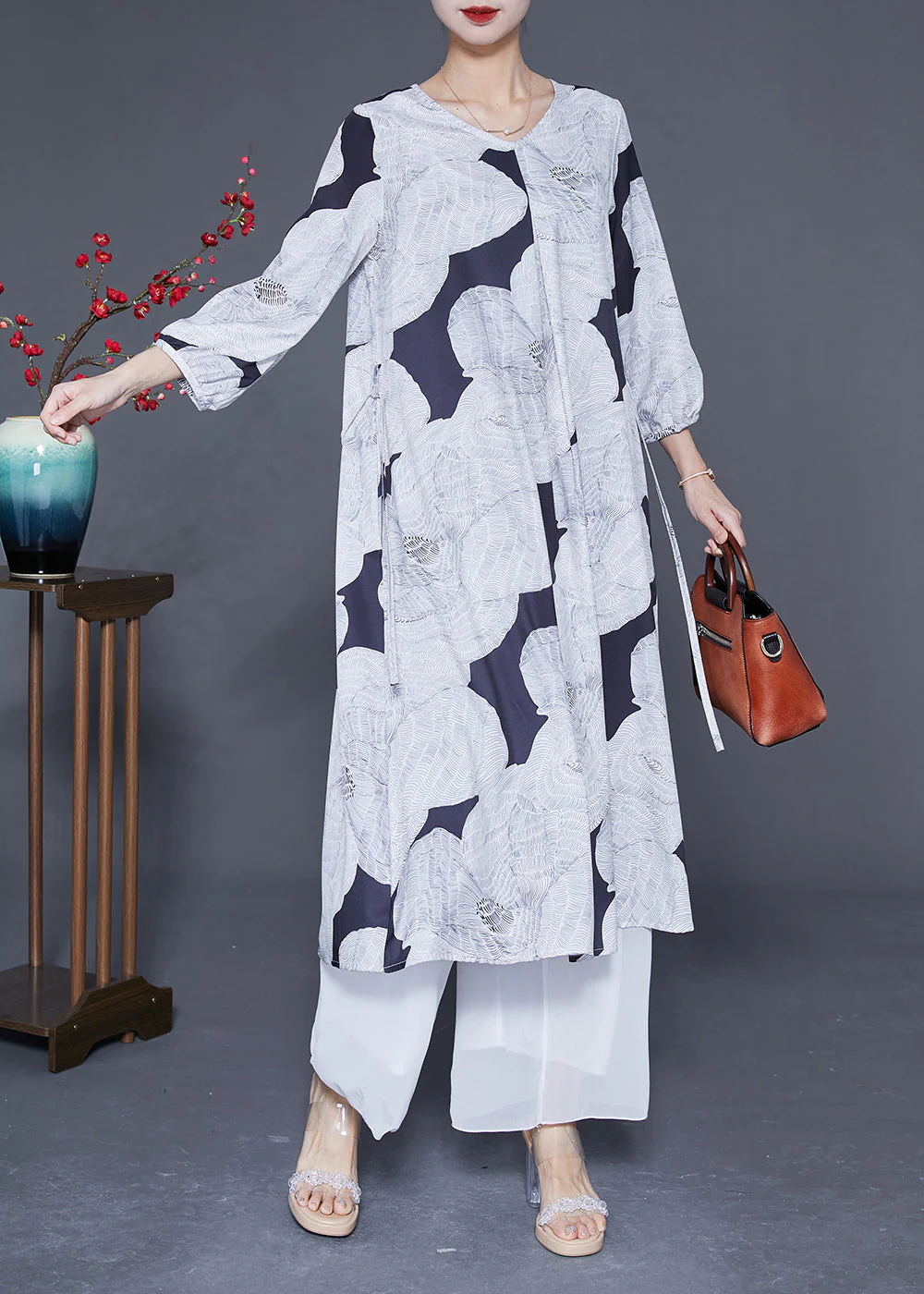 Art White V Neck Patchwork Tie Waist Silk Dress Bracelet Sleeve - Image 3