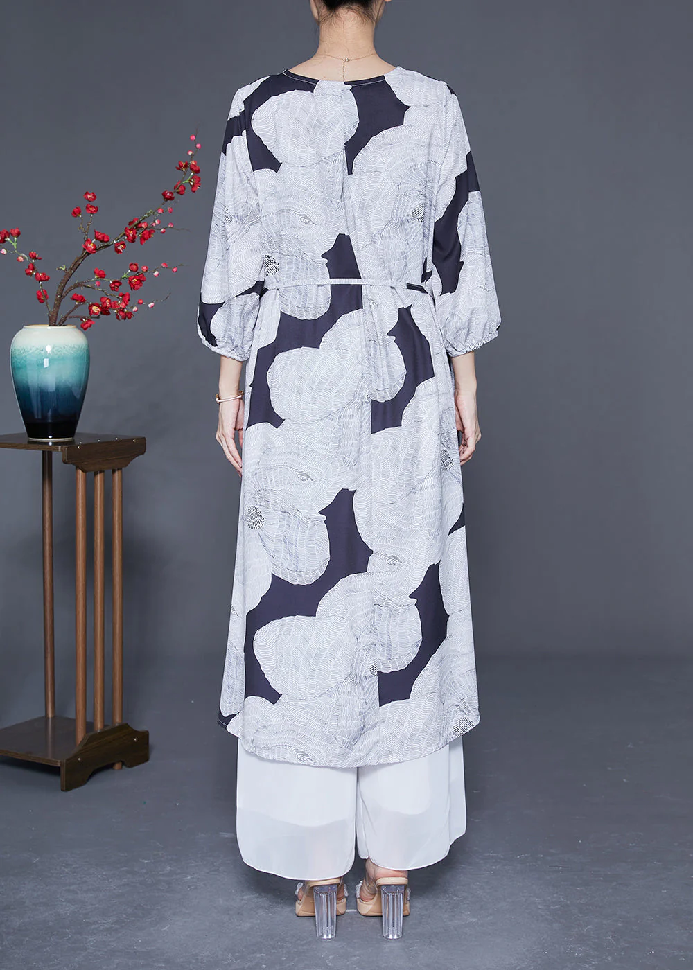 Art White V Neck Patchwork Tie Waist Silk Dress Bracelet Sleeve - Image 4