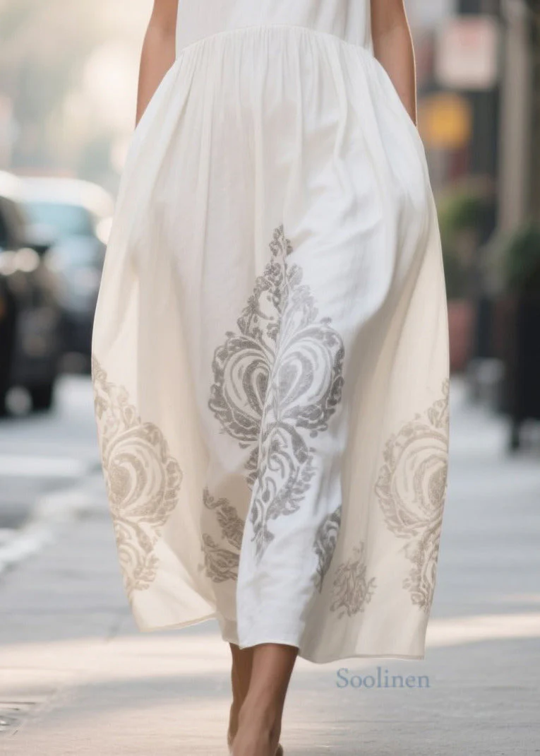 Art White V Neck Print Chiffon Vacation Dresses Summer - Image 4