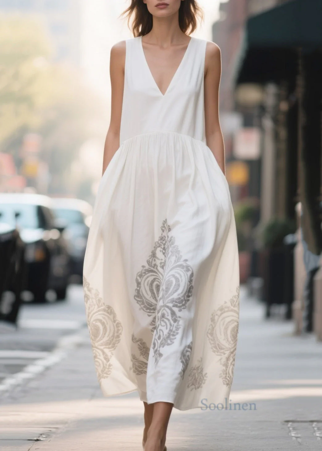 Art White V Neck Print Chiffon Vacation Dresses Summer - Image 5