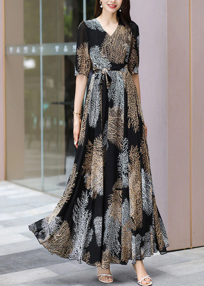 Art Wrinkled High Waist Chiffon Long Dress Short Sleeve - Image 3