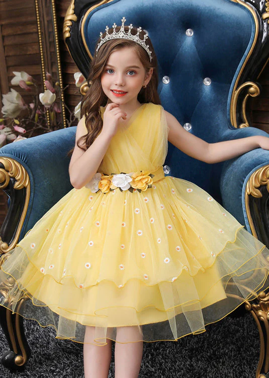 Art Yellow Embroideried Daisy Tulle Baby Girls Party Dress Summer - Image 2