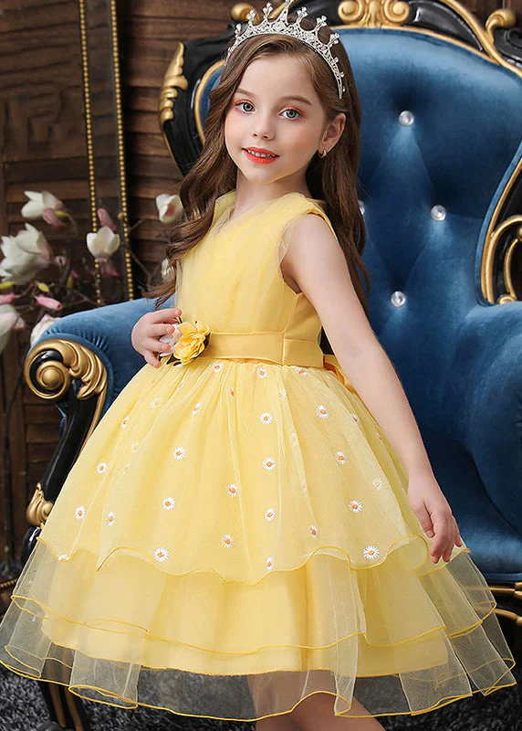 Art Yellow Embroideried Daisy Tulle Baby Girls Party Dress Summer - Image 3